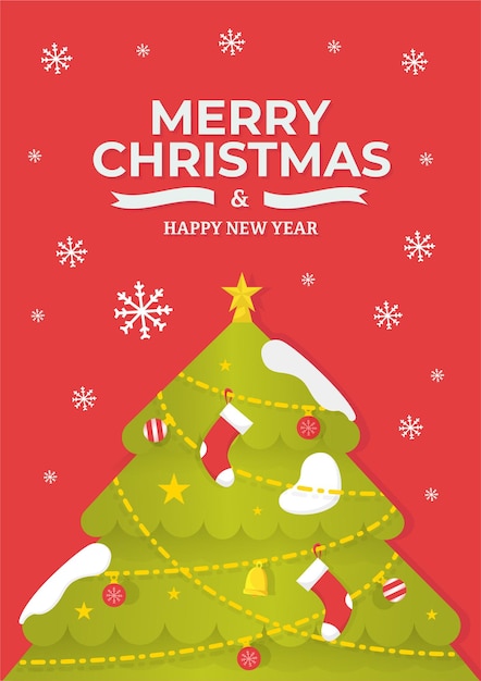 Affiche De Voeux Joyeux Noël Et Bonne Année. Ornements D'arbre De Noël En Arrière-plan. Illustration De Conception Plate