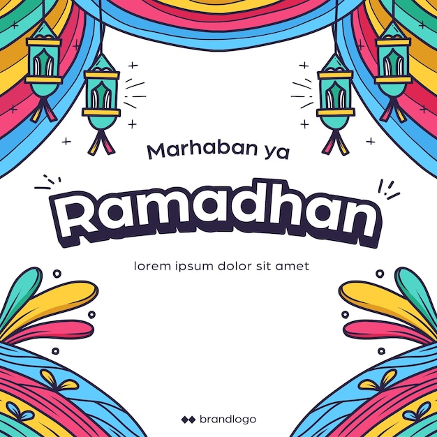 Affiche De Voeux De Ramadhan Coloré Dessiné à La Main Marhaban Ya Ramadhan Avec Illustration De Voeux D'affiche De Lanterne