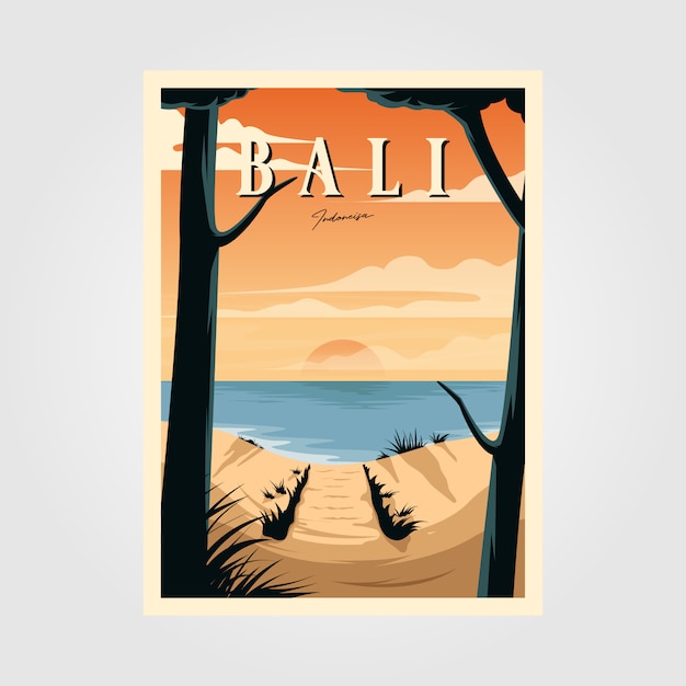 Affiche de voyage vintage de coucher de soleil de plage de Bali