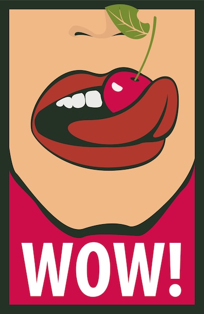 Vecteur affiche wow avec cerise dans la bouche