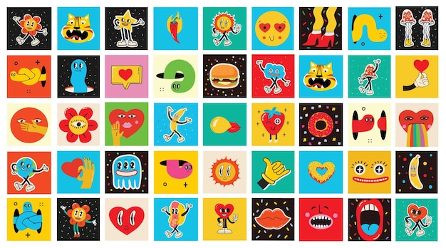 Des affiches carrées groovy des années 70, des cartes ou des autocollants rétro imprimés avec des personnages hippie mignons, colorés et funky, des concepts de personnages géométriques fous, des émoticônes goutte-à-goutte.