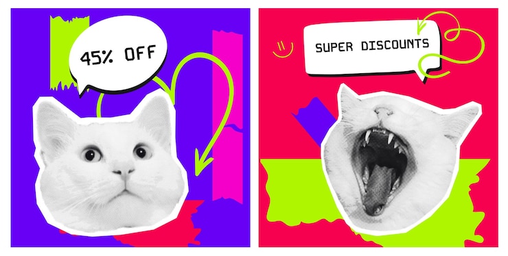 Vecteur des affiches de chats y2k en collage à demi-ton avec des couleurs au néon et des messages de rabais