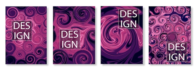 Vecteur des affiches circulaires avec des formes abstraites violettes, des dépliants et des dépliants, des livrets avec des tourbillons violets.