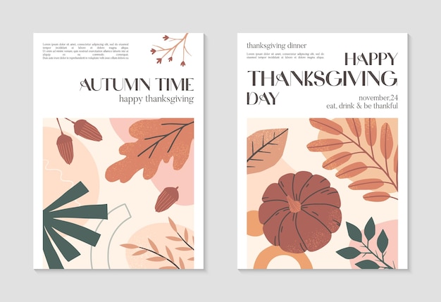 Vecteur affiches créatives de happy thanksgiving day avec feuillage de citrouille et espace de copie pour le texte