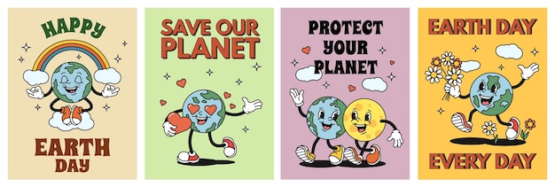 Vecteur affiches de dessin animé de la planète terre autocollant du jour de la terre heureux sauvez notre dépliant de planète avec un ensemble d'illustrations vectorielles de personnages de mascotte de globe rétro de l'environnement de la journée mondiale