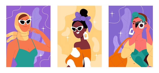 Vecteur des affiches de femmes élégantes mettent des jeunes filles à la mode dans des lunettes de soleil, des couvertures de magazines de beauté de mode et de style