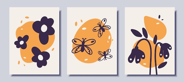 Vecteur affiches avec des fleurs et des papillons dans un style doodle