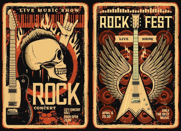 Affiches et flyers de festival de rock, festival de musique de concert, crâne vintage de vecteur grunge et guitare électrique avec des ailes