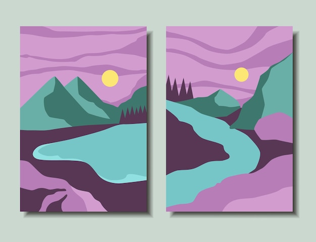Vecteur affiches de paysage mis montagnes coucher de soleil