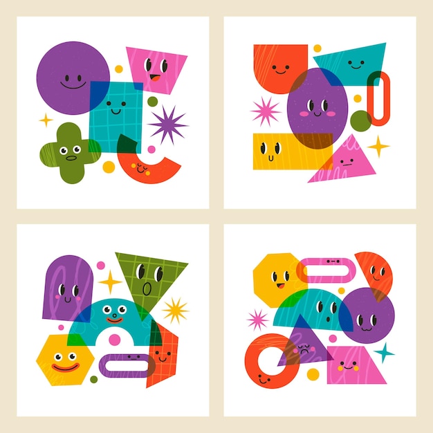 Vecteur affiches de personnages drôles abstraits de doodle comique géométrique vecteur de figures drôles abstraites avec illustration d'émotions de visage ensemble de couvertures compositions de formes géométriques de dessin animé forme de collection géométrique