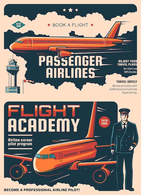 Affiches rétro des compagnies aériennes de passagers et de l'académie de vol. Industrie du vol aérien, service de réservation de billets d'avion et bannières vintage d'école de pilotes de ligne avec avion de ligne dans le ciel, tour de répartition de l'aéroport