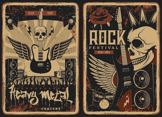 Affiches rétro de concert de hard rock avec crâne et guitare électrique