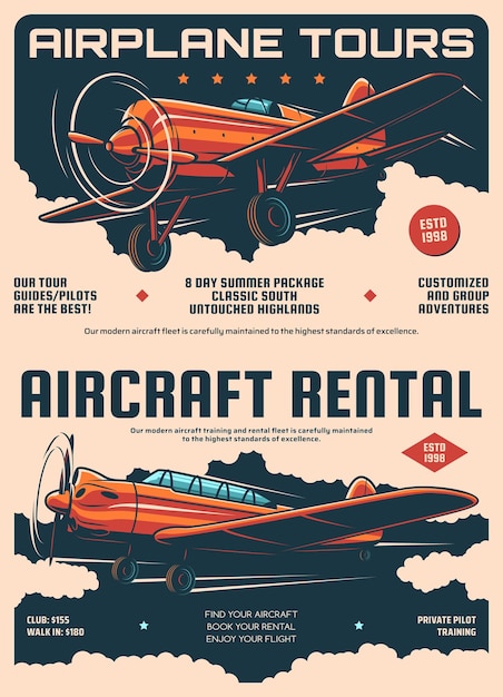 Affiches rétro de location d'avions et de visites d'avions