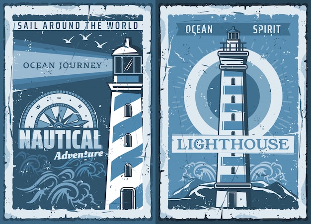 Vecteur affiches rétro de phare marin nautique