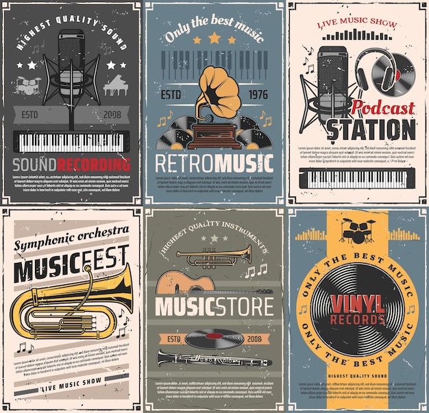 Affiches rétro vectorielles de musique et d'enregistrement sonore