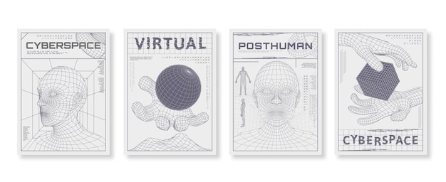 Vecteur affiches avec tête humaine filaire low poly 3d cyberespace impression cyber-affiche virtuelle avec des vagues futuristes illustration vectorielle sertie de chemins de traits modifiables technologie filaire résumé humain