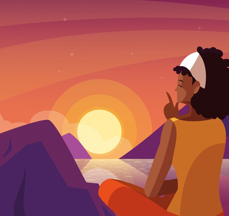 Vecteur afro femme assise en observant le paysage coucher de soleil avec lac