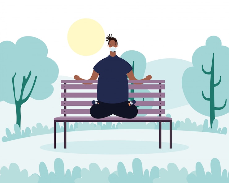 Vecteur afro jeune homme portant un masque médical pratiquant le yoga dans une chaise de parc