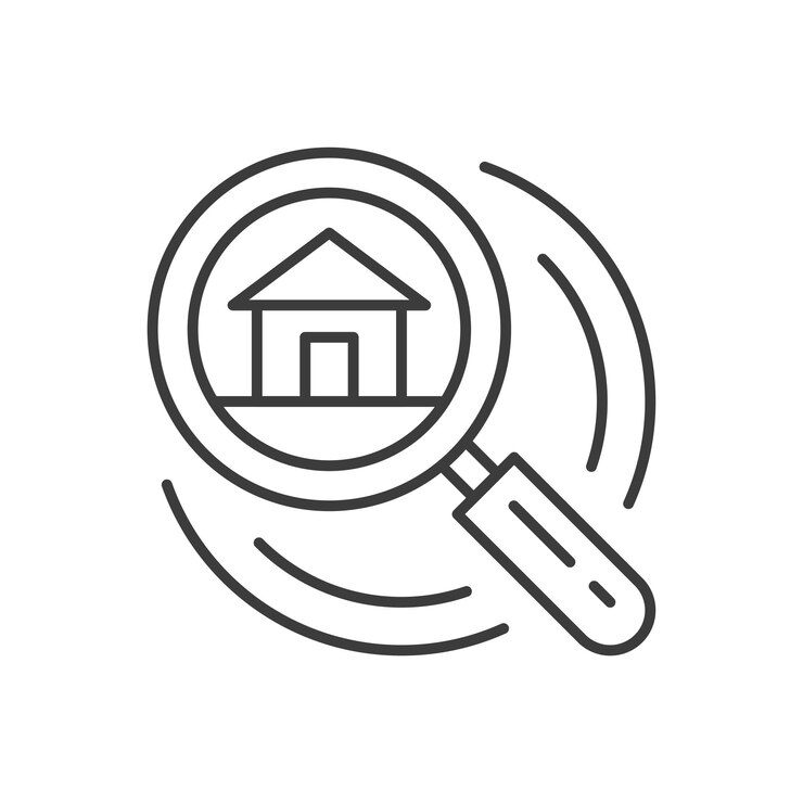Agence immobilière recherche choisir maison à acheter vente louer ligne mince art icône illustration vectorielle propriété appartement résidentiel maison cottage recherche avec loupe examen sélectionner le service
