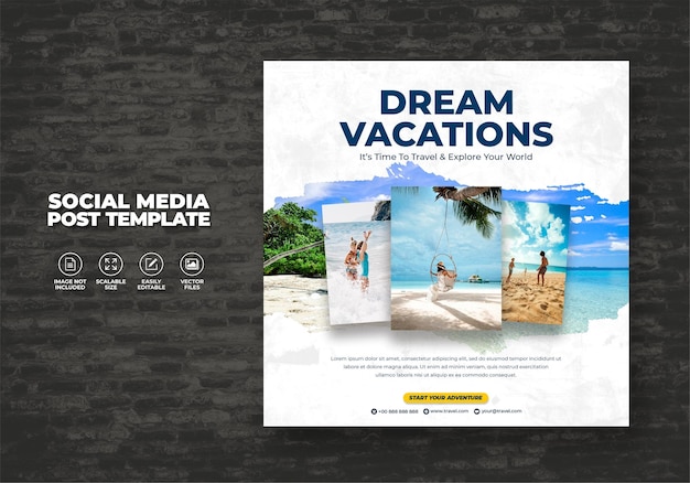 Vecteur agence de voyage et de tourisme instagram post design ou modèle de publication sur les médias sociaux