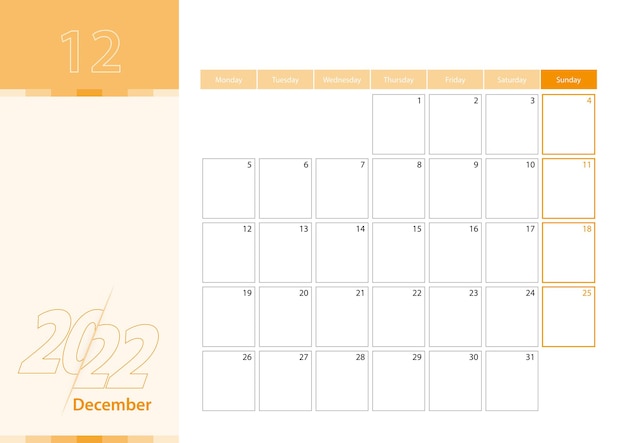 Vecteur agenda horizontal pour décembre 2022 dans la palette de couleurs orange. la semaine commence le lundi. un calendrier mural dans un style minimaliste.