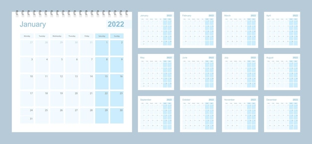 Agenda Mural 2022 De Couleur Bleu Pastel, La Semaine Commence Le Lundi.