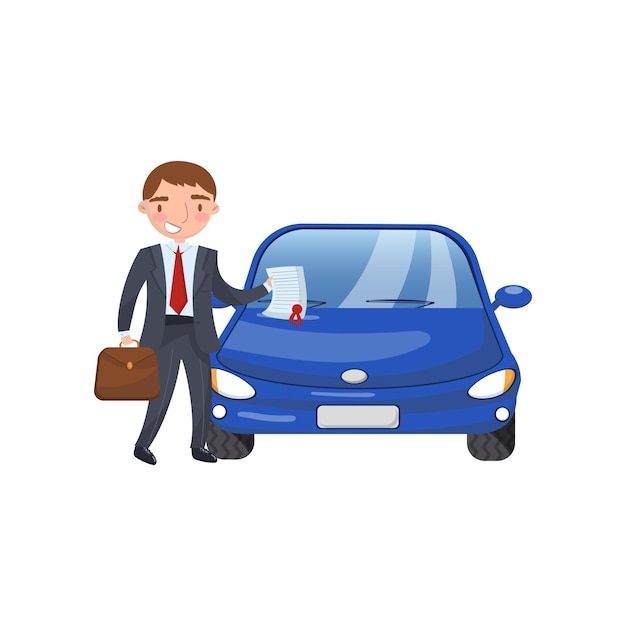 Agent d'assurance montrant le vecteur de dessin animé papier document assurance voiture Illustration sur fond blanc