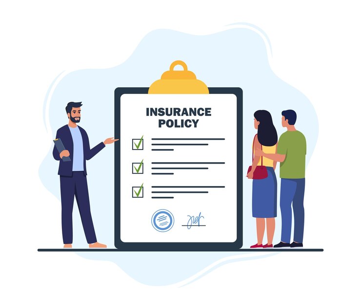 Vecteur agent d'assurance présentant un service faisant affaire avec un couple de famille client police d'assurance