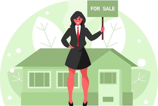 Vecteur agent immobilier femme d'affaires tenant une planche avec une inscription a vendre maison de village