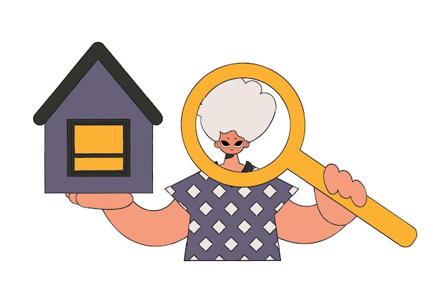 Vecteur agent immobilier masculin tenant une maison et une loupe propriété de la maison
