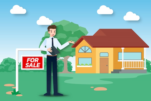 Vecteur l'agent immobilier montre une nouvelle maison à vendre.