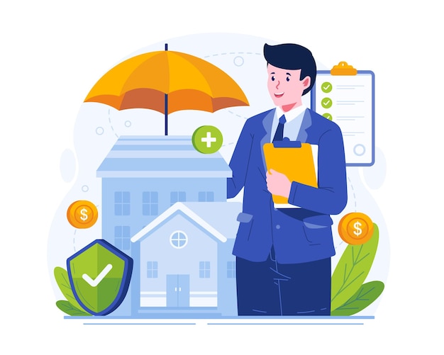 Un agent masculin tient un parapluie pour protéger une maison Concept de service d'assurance domicile