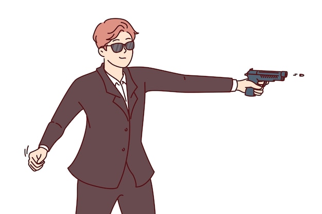 Un agent secret tire avec un pistolet vêtu d'un costume officiel et de lunettes de soleil pour des opérations secrètes