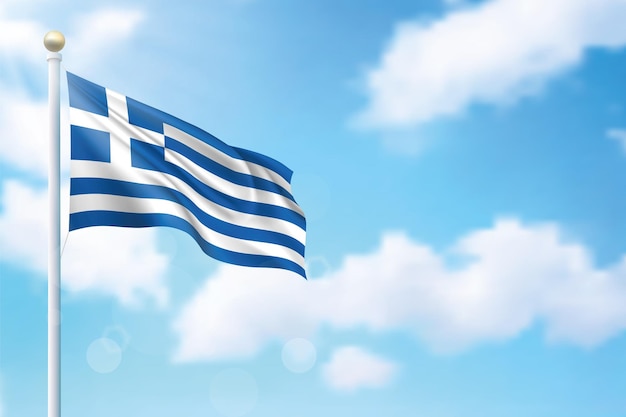 Agitant Le Drapeau De La Grèce Sur Fond De Ciel Modèle Pour La Conception D'affiches Pour La Fête De L'indépendance