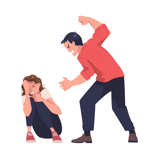 Agresseur et victime avec un homme violent abusant d'une femme faible Illustration vectorielle