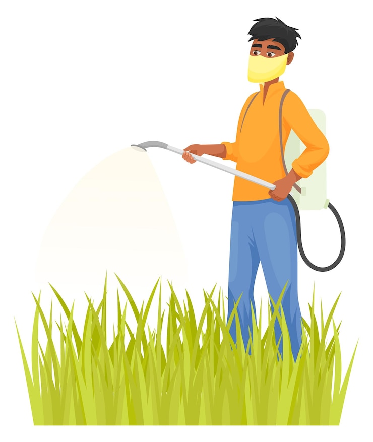 Vecteur agriculteur asiatique pulvérisant de l'herbe personnage de jardinage de dessin animé isolé sur fond blanc