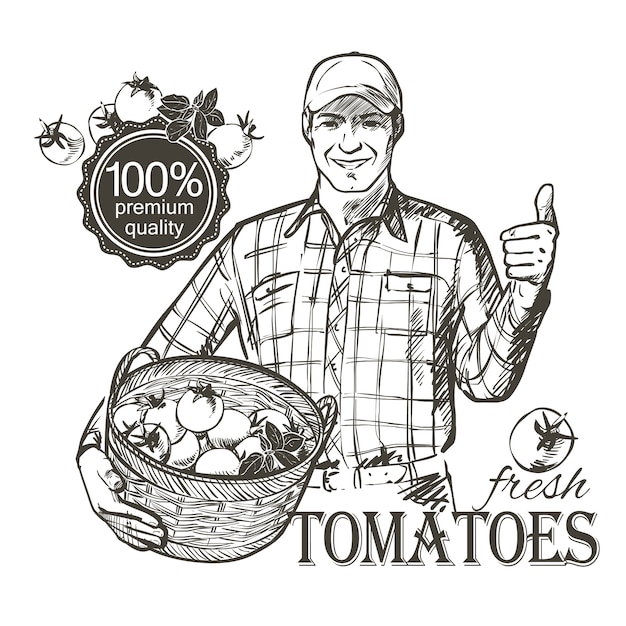 Agriculteur En Casquette Portant Un Panier Rempli De Légumes Frais, Tomates Et Herbes