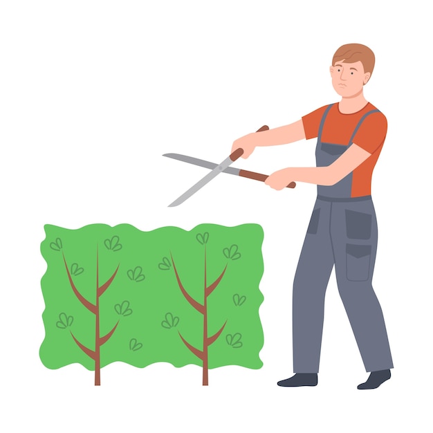 Agriculteur avec des ciseaux taillant la croissance des buissons dans l'illustration vectorielle du jardin