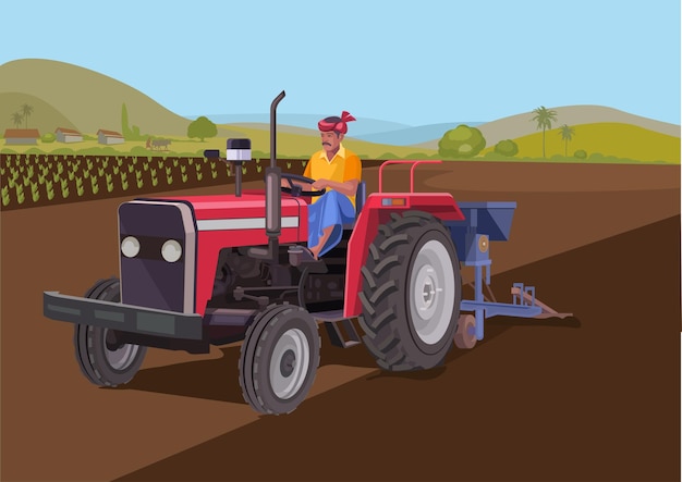 Vecteur agriculteur indien conduisant un tracteur