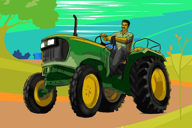 Vecteur un agriculteur indien travaille avec un tracteur dans le champ