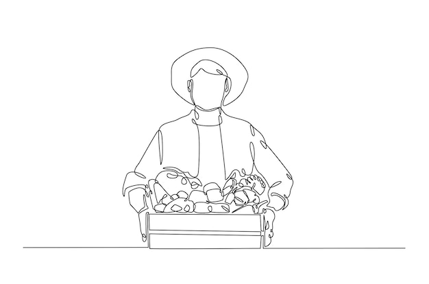 Agriculteur avec des légumes dessinant une ligne continue