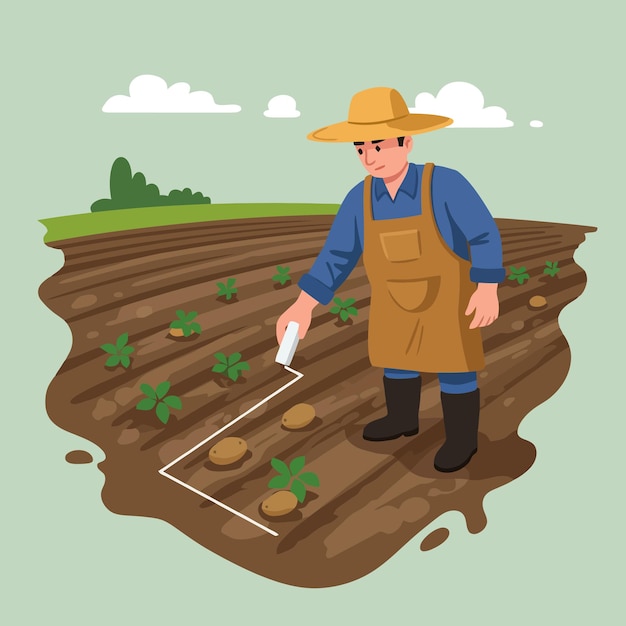 L'agriculteur marque un champ de pommes de terre avec de la craie Illustration pour le concept agricole