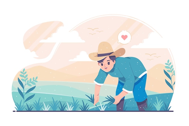 Agriculteur Plantant Dans Les Champs De Riz Illustration Fond