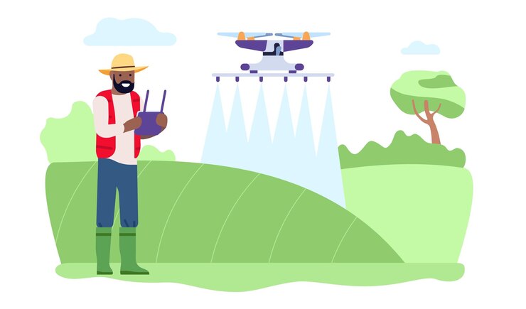 Vecteur l'agriculteur utilise un drone pour irriguer le champ technologies d'innovation agricole gestion de l'arrosage récolte de plus en plus de contrôle numérique intelligent robot volant homme avec joystick concept vectoriel
