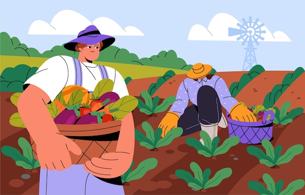 Les agriculteurs dans les travaux agricoles Les travailleurs ruraux récoltent les cultures Les jardiniers récoltent les légumes dans le champ de la ferme Une personne tient un panier avec la récolte Les gens dans les paysages agricoles Illustration vectorielle plate