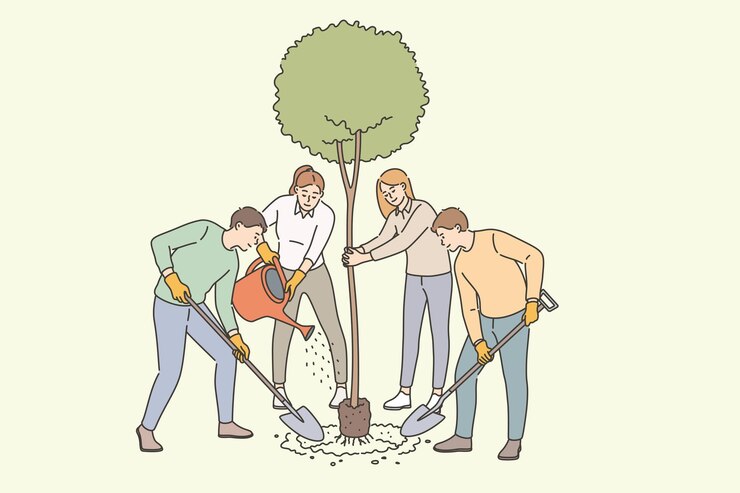 Agriculture, arbre en croissance et concept de plantation. Groupe de jeunes agriculteurs souriants debout plantant un arbre d'accueil en prenant soin de l'illustration vectorielle de la plante