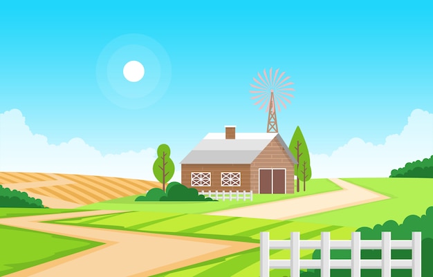Agriculture Champ Ferme Rural Prairie Nature Scène Paysage Illustration