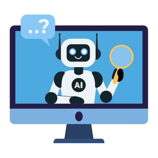 Ai chat bot sur l'écran du moniteur de l'ordinateur à la recherche d'informations