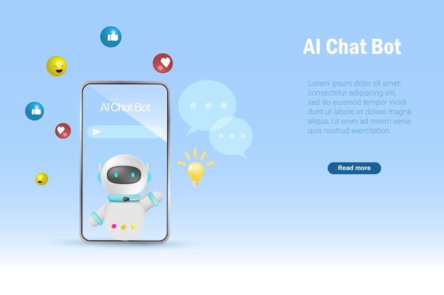 AI chat bot sur l'écran mobile générer une solution intelligente réponse à l'utilisateur l'intelligence artificielle répondre aux questions robot fournir une conversation intelligente et des idées pour l'utilisateur d'accomplir des tâches vecteur 3D