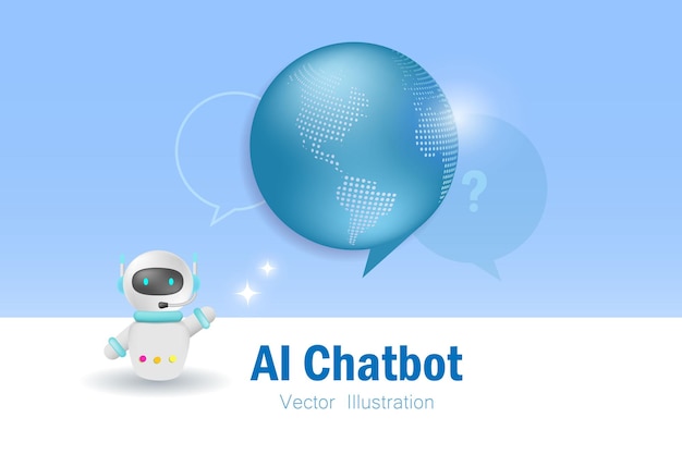 AI chat bot avec globe dans la bulle de parole répondre à une question et générer une solution intelligente et une idée créative Intelligence artificielle répondre robot technologie d'innovation 3D Vector